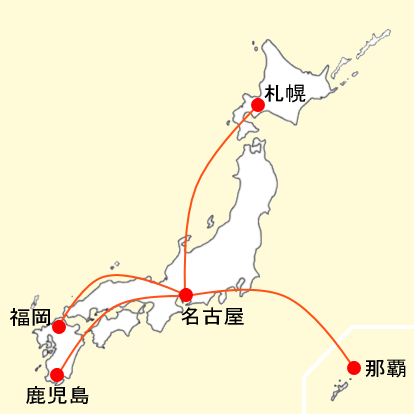 ジェットスター名古屋中部発着国内線の路線図
